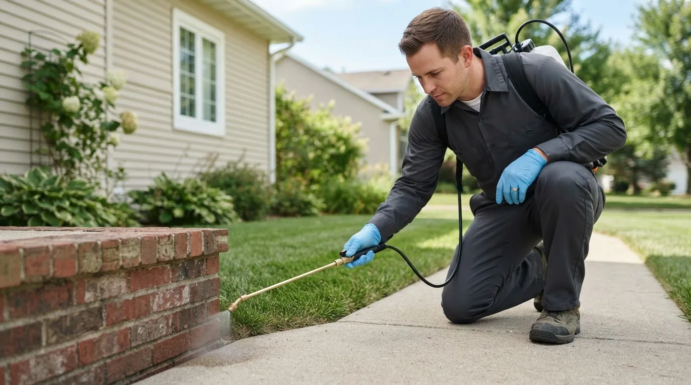 Pest control technician treating a home near Stewartville, MN