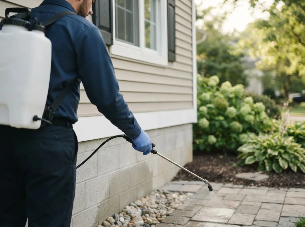 Pest control technician inspecting a home in Stewartville, MN